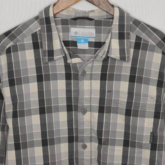 Columbia Regular Fit Men's Large Gray White Plaid Long Sleeve Button Up Shirt - Picture 2 of 10